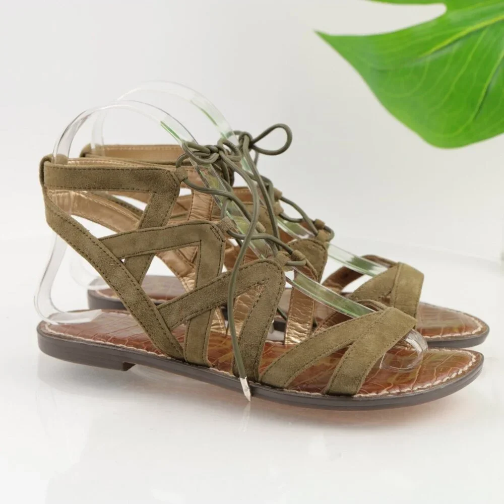 Sam Edelman Womens Gemma Sandals Size 5.5 Olive Green Suede Lace Up Flat Shoes
